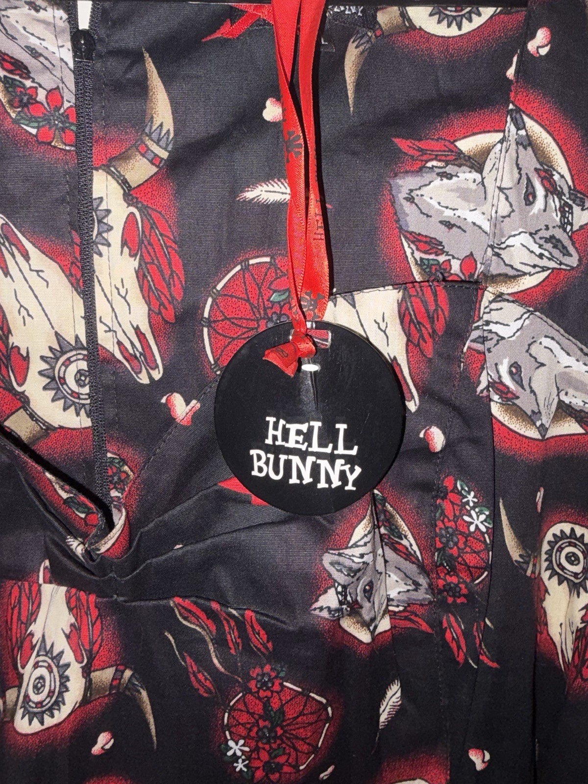 Hell Bunny 3XL Black Red Wolf Graphic Print Fit & Flare Tie Waist Dress