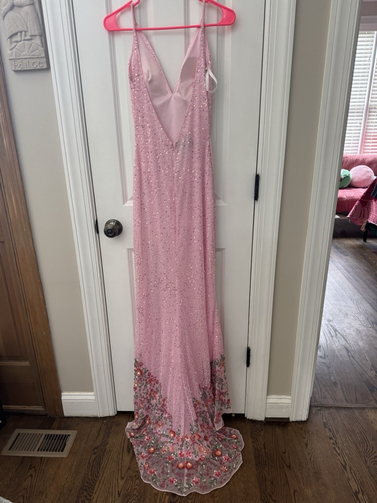Primavera Couture Beaded Sequence Prom Gown Heavy Beading Pink Formal Slit