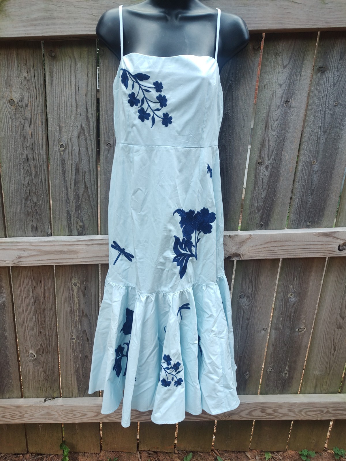 Fanm Mon Blue Floral Cotton Embroidered Mermaid Hem Midi Dress Small