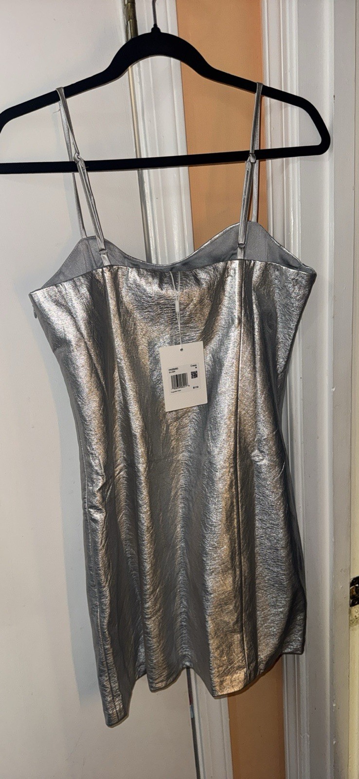 Endless Rose Silver Faux Leather Mini Dress M Sweetheart Spaghetti Strap Zip