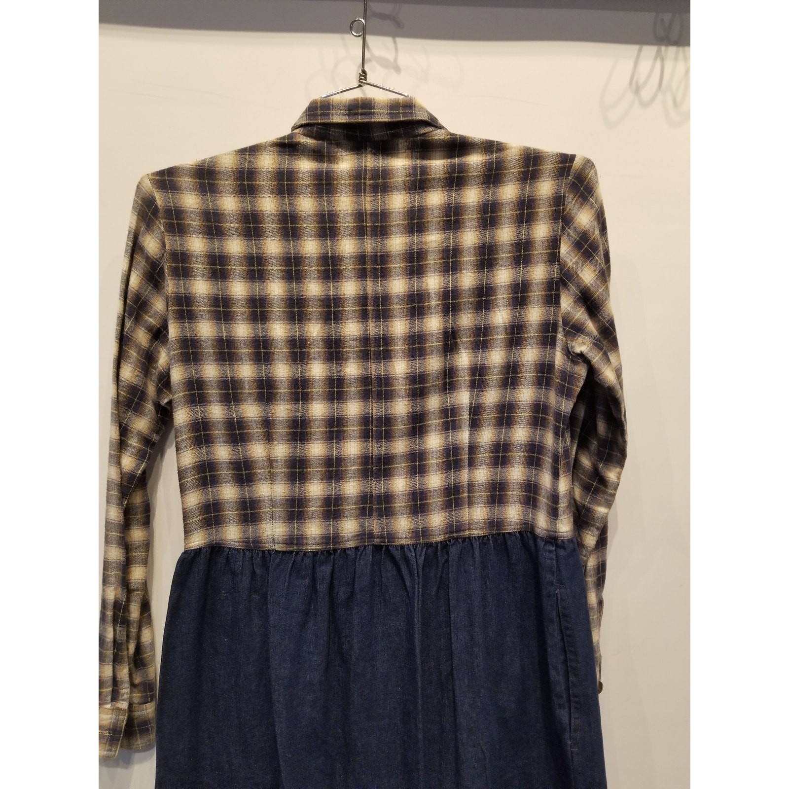 Vintage 90s Western Style Flannel Denim Dress Plaid Check Rodeo Style Size M
