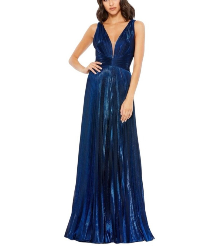 Mac Duggal Size 6 Metallic Deep Blue V-Neck Pleated Maxi Gown 50640