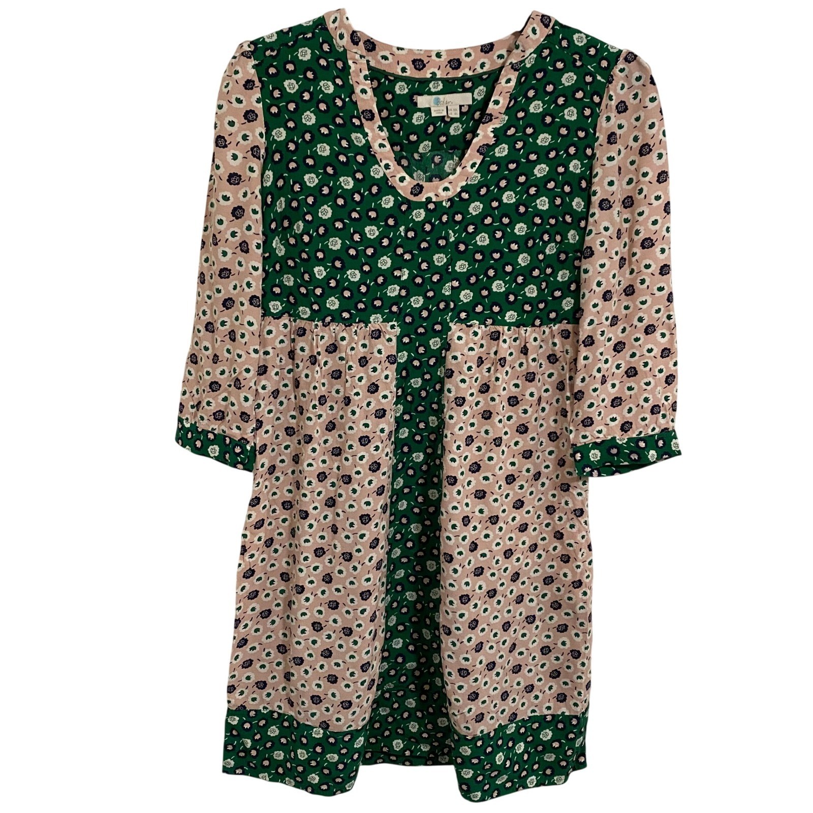 Boden Floral Dress Boho Cottagecore Womens 10 Green Pink Print 3/4 Sleeve V-Neck