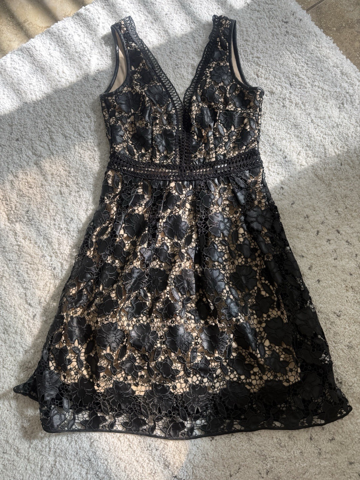 Romeo & Juliet Couture Black and Nude Floral Eyelet Lace Illusion Dress SizeS