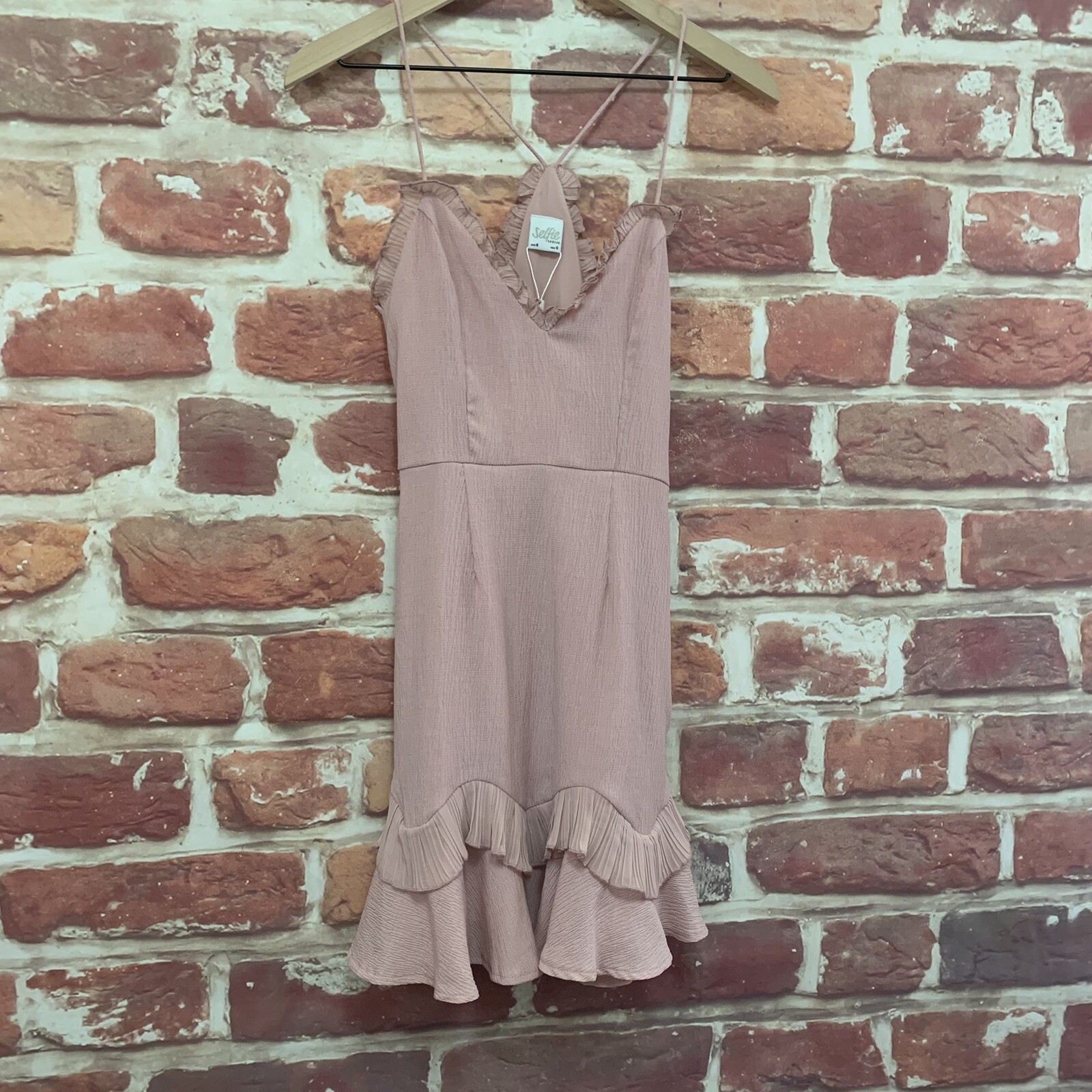 Selfie Leslie Dress Womens Small Blush Pink Crepe Ruffle Sleeveless Zip Up