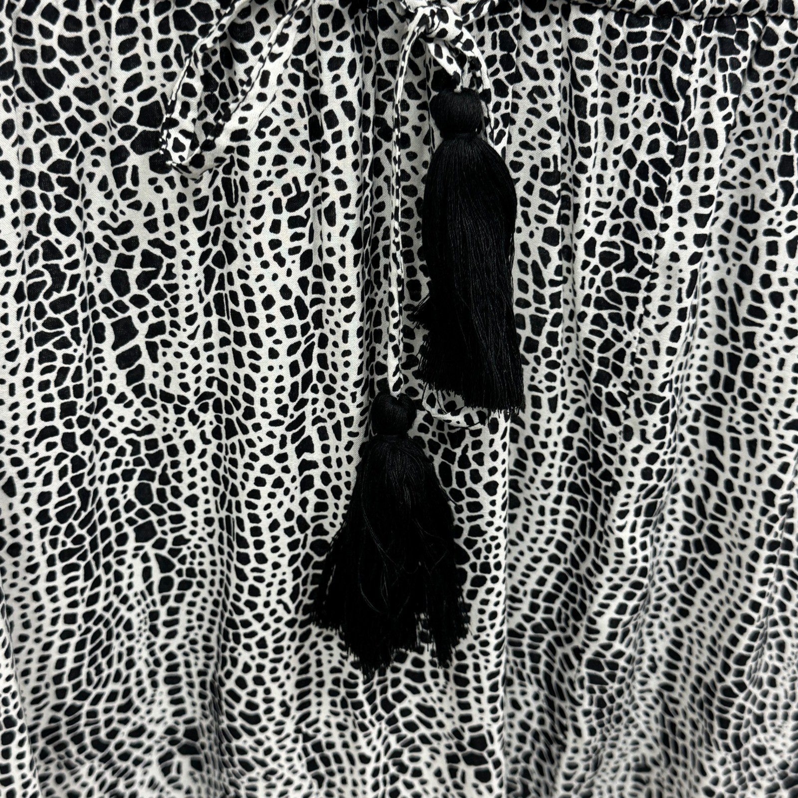 Elan Black White Animal Print Tassel Maxi Dress Small V-Neck Strappy Back Slit