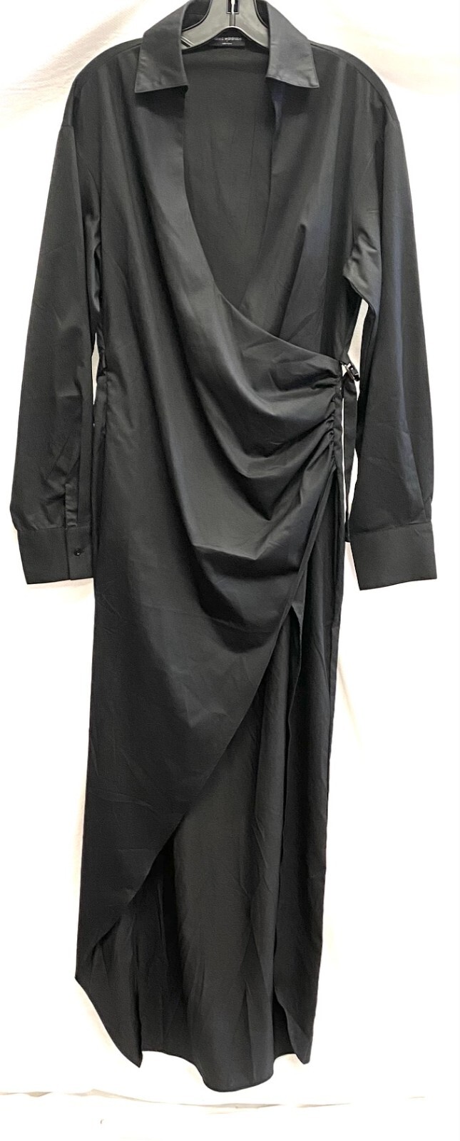 NAKED WARDROBE Black V-Neck Ruched Wrap Shirting Shirt Dress Maxi LARGE = 8/10