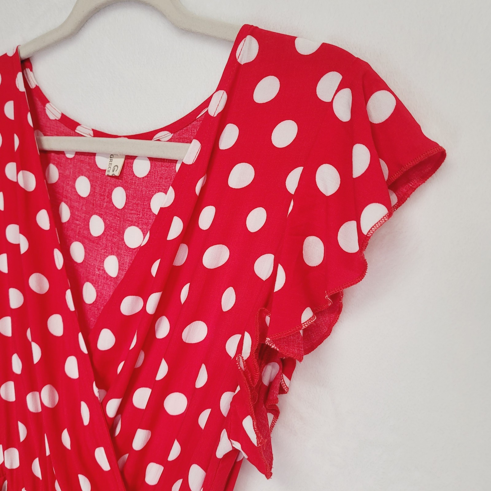 Red Polka Dot Faux Wrap Surplice Maxi Dress M Hi Low Ruffle Romantic Retro Femme