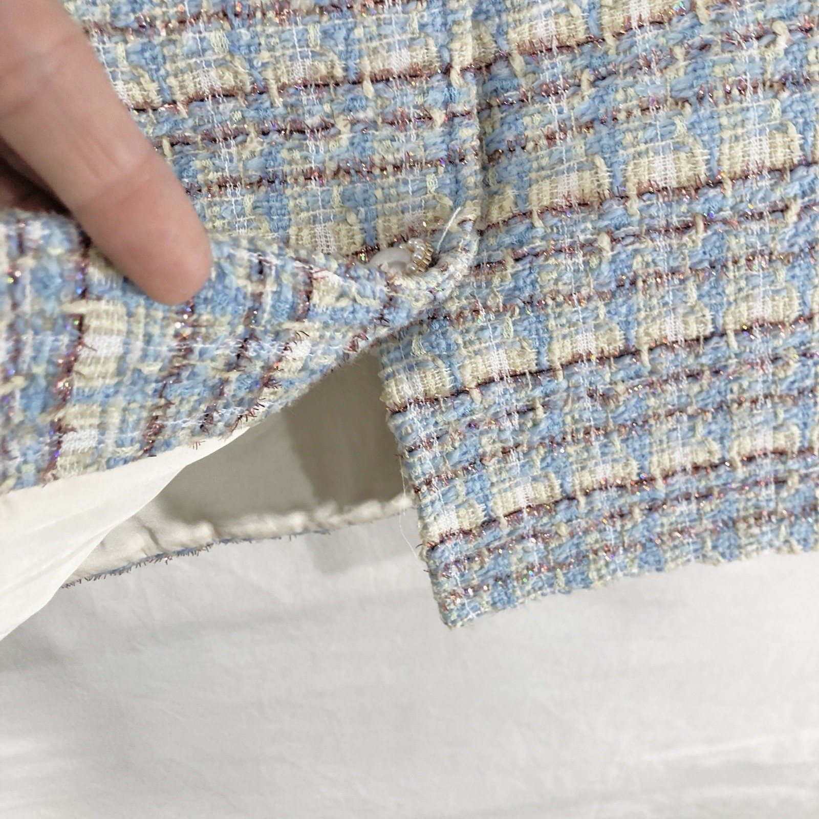 Euro Wool Tweed Pearl Button Front Woven Baby Blue Retro Dress Womens M NWT $140