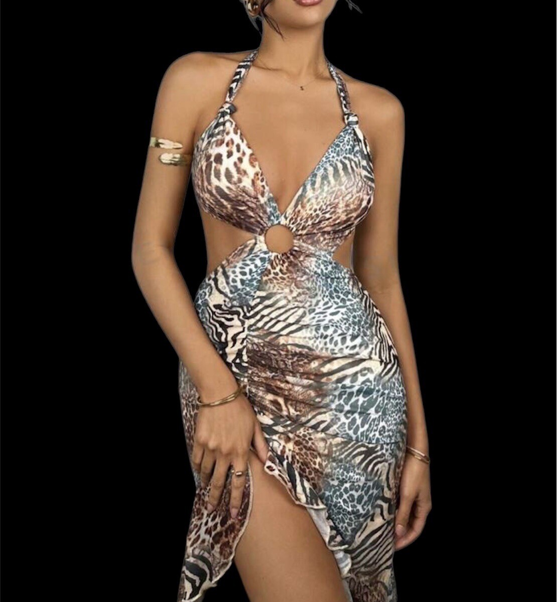 Hollow Out Random Printed High Slit Ruffle Hem Dress