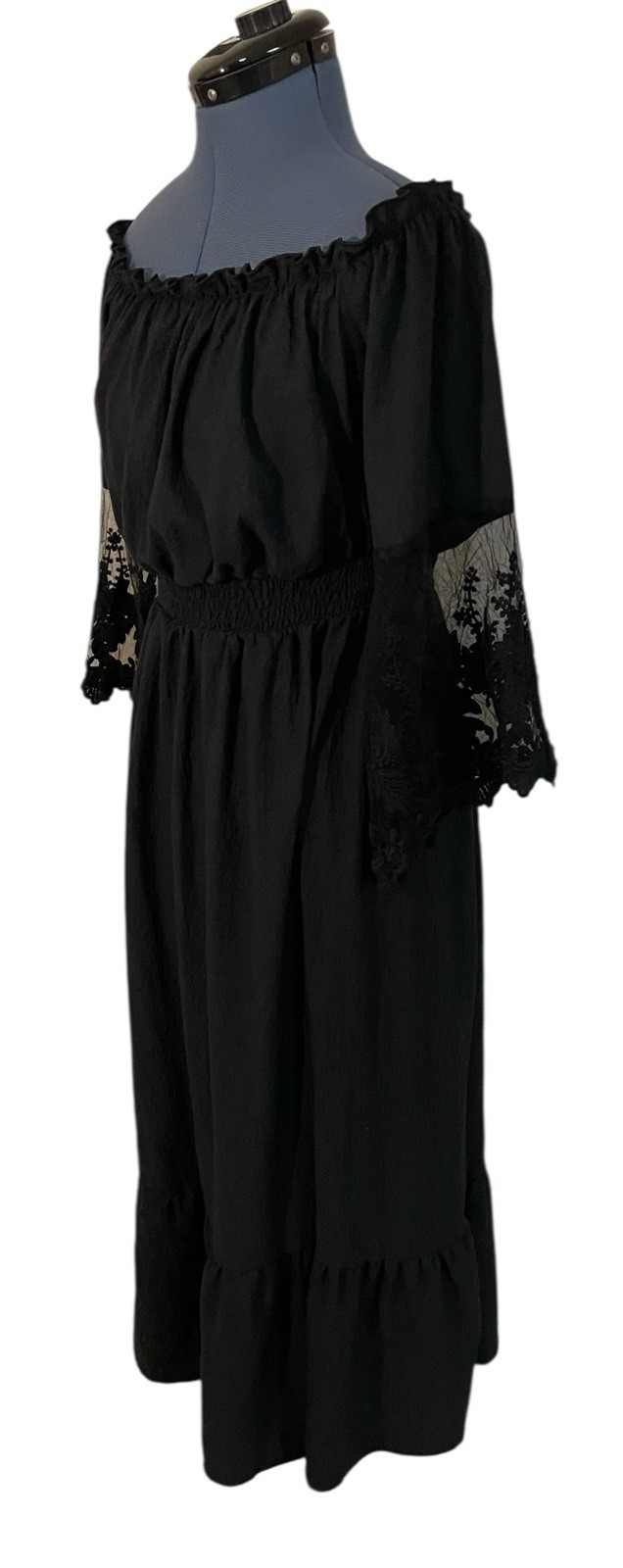 Black Off Shoulder Maxi Dress Lace Flare Sleeve Smocked Waist Ethereal Goth 2XL