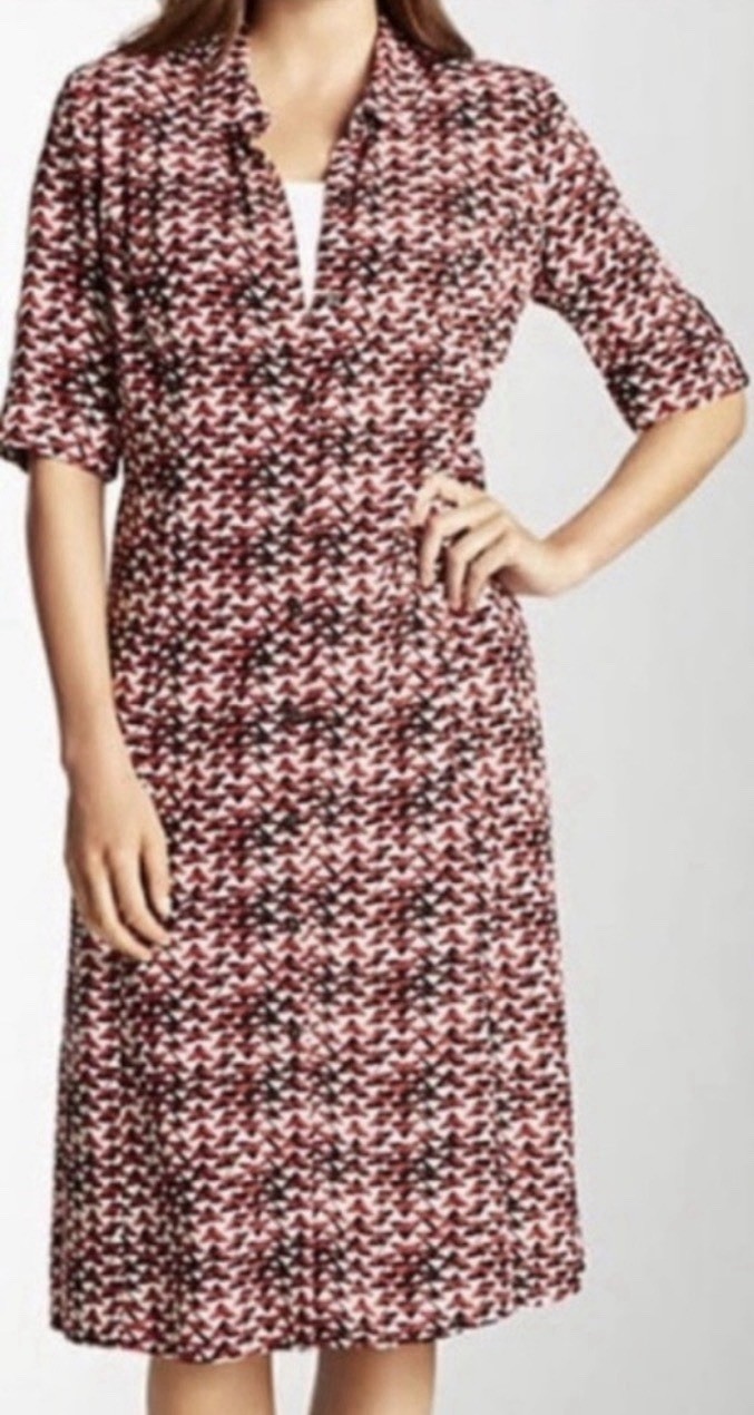 J. Jill Button Down Shirt Dress Red Black Geometric Print Pockets Size 12 Tall