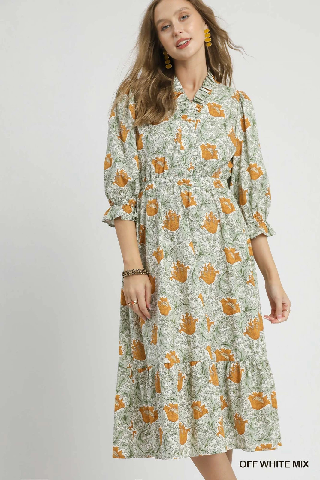 Umgee Off White Abstract Print Midi Dress Collared V Neck 3/4 Ruffle Cuff Sleeve