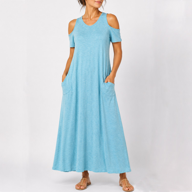 Soft Surroundings 1X Aqua Blue Cold Shoulder Maxi Dress Pockets NWT Viscose