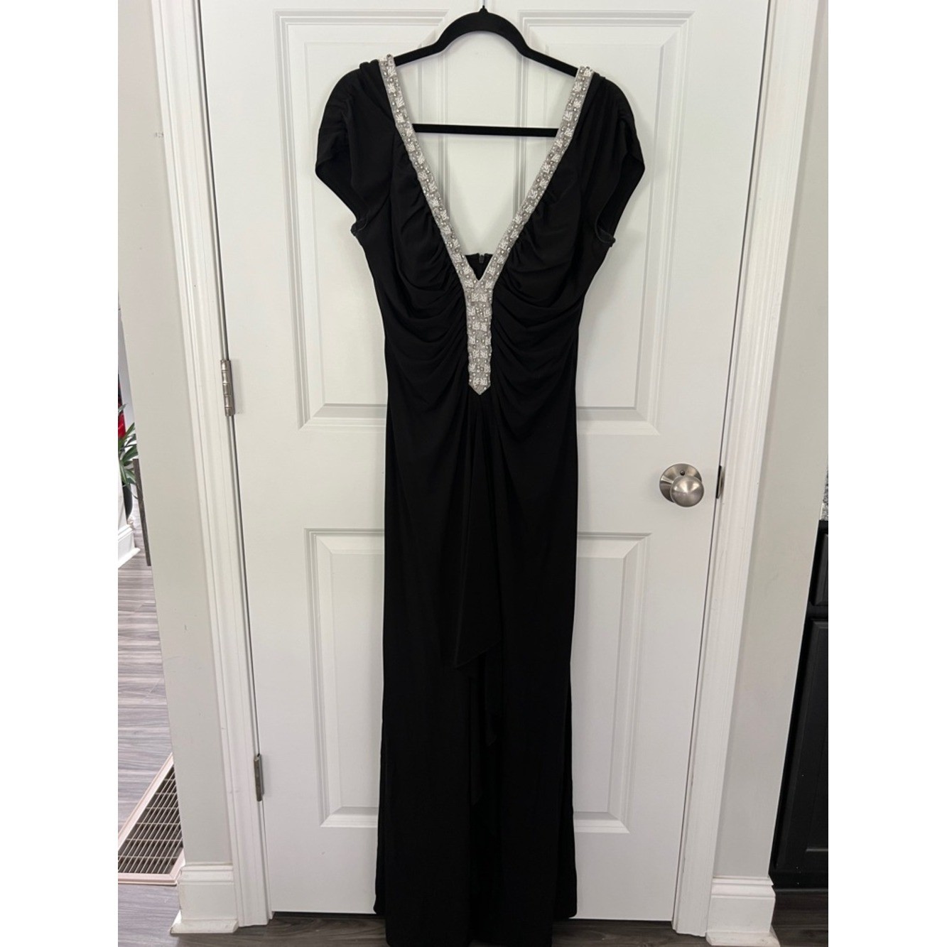 JS Boutique Black Embellished V-Neck Ruched Formal Evening Gown with Wrap Sz 14