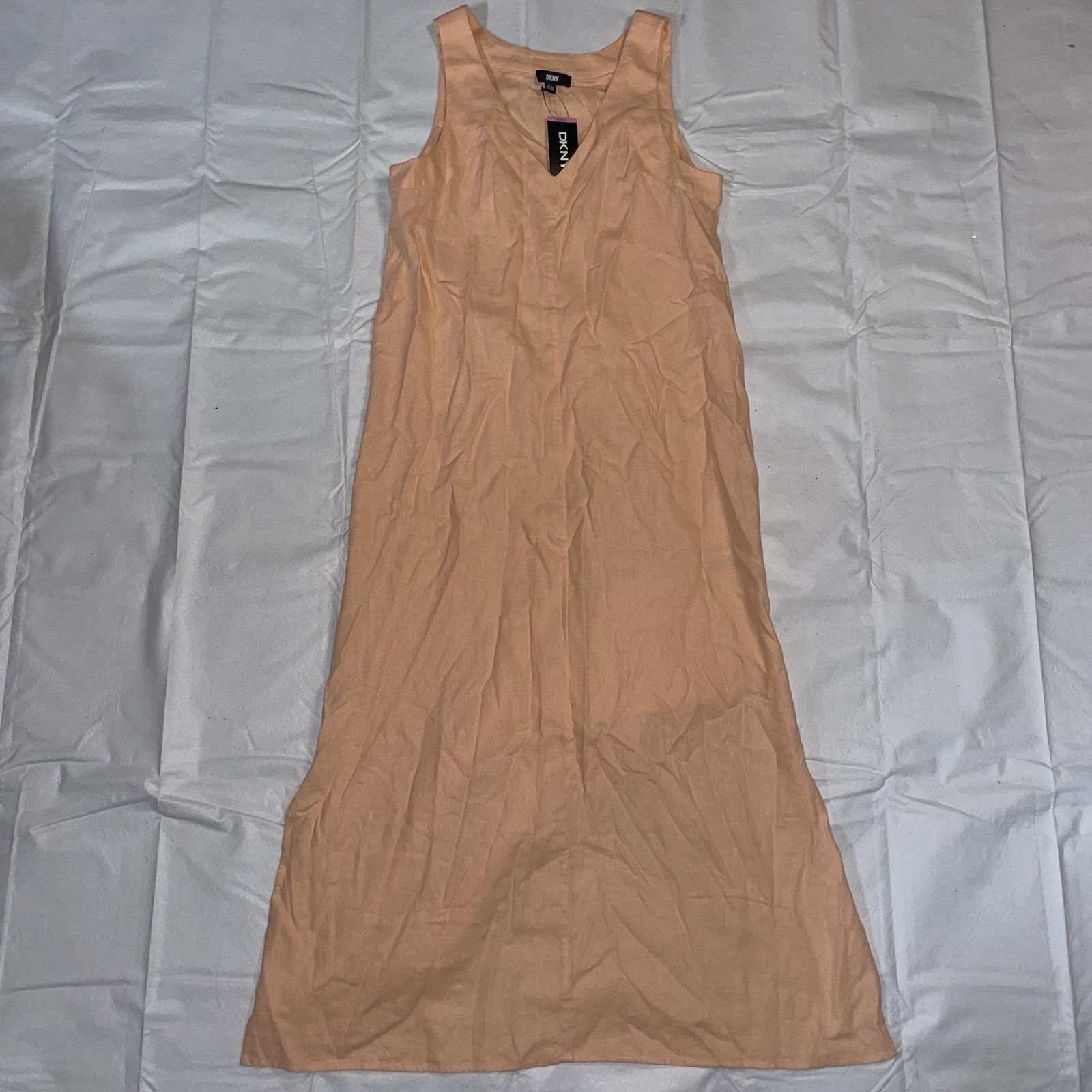 DKNY Light Coral Sleeveless V Neck Summer Slit Maxi Linen Blend Sun Dress S NWT