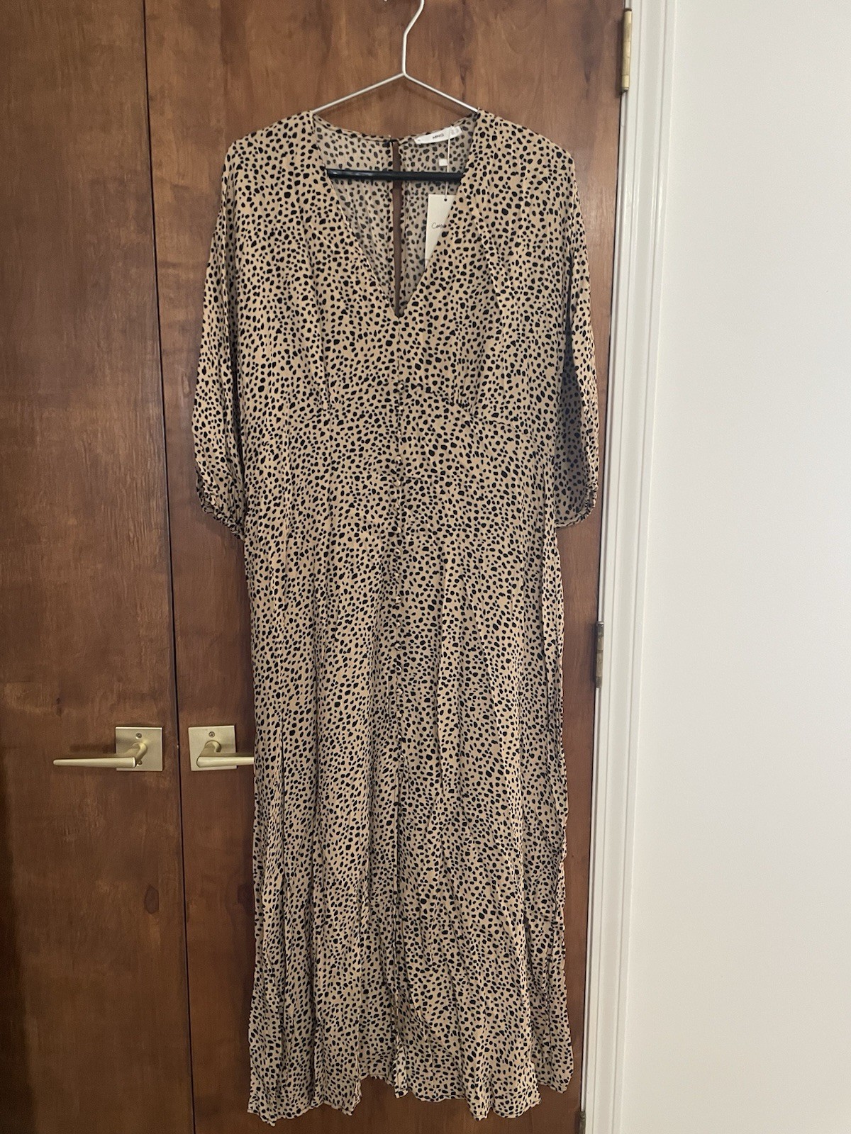 MNG Beige/Black Leopard Print V-Neck Maxi Dress 3/4 Sleeve XL