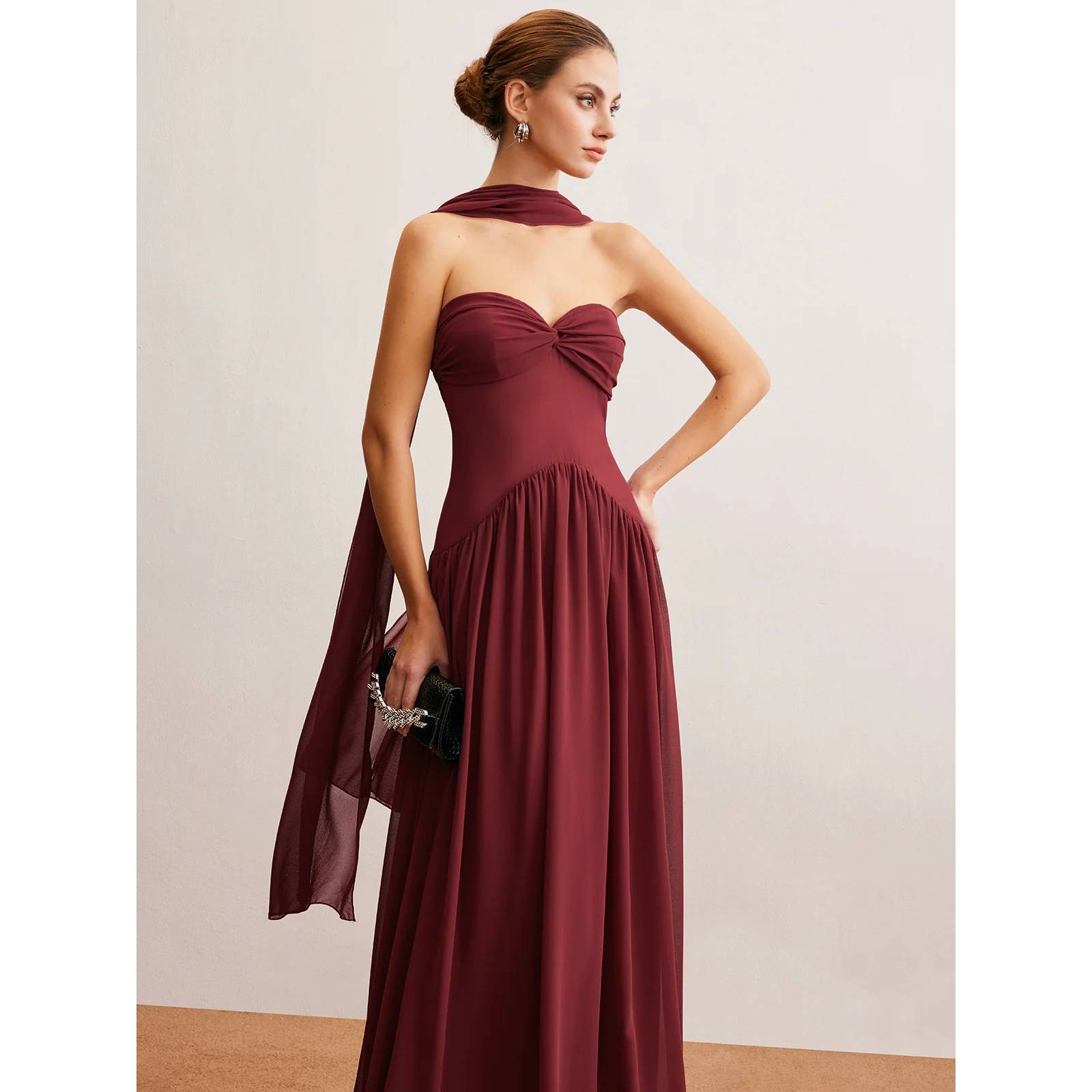 Commense Burgundy Chiffon Strapless Maxi Dress Formal Gown Elegant Party M US 6