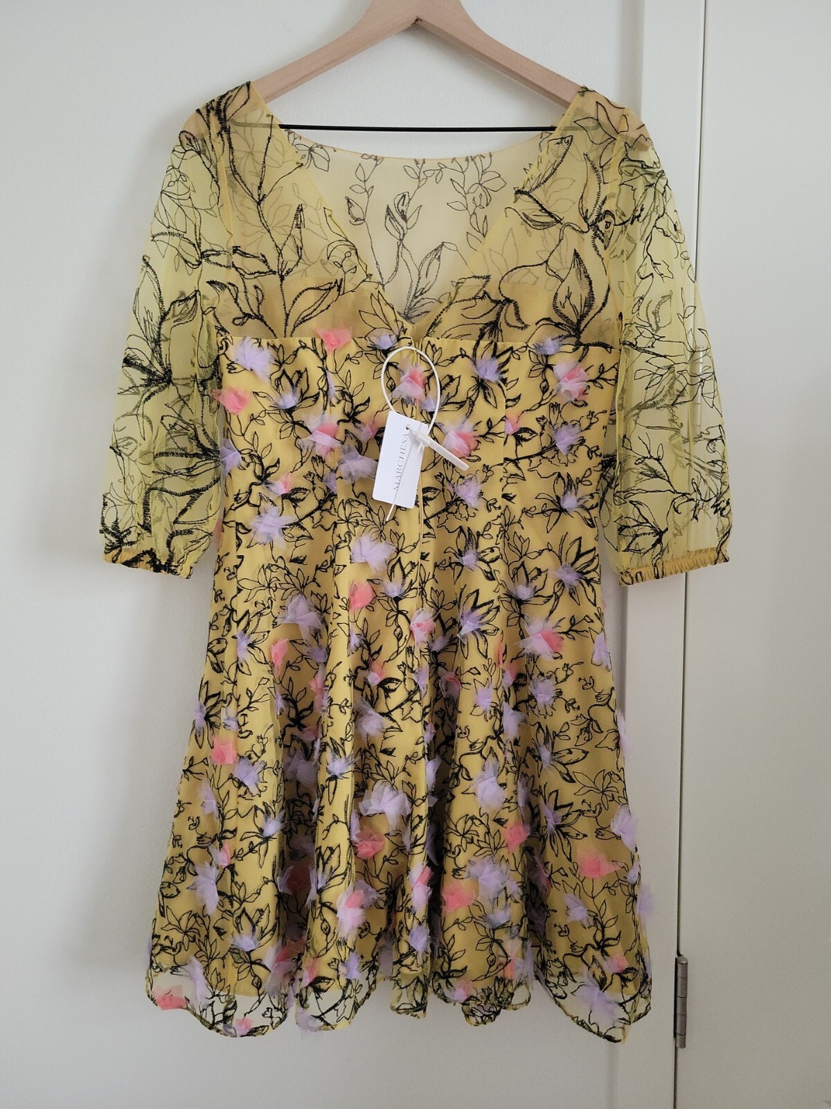 Marchesa Notte Embriodered Tulle Mini Dress Size 6 Yellow Floral Wedding NWT