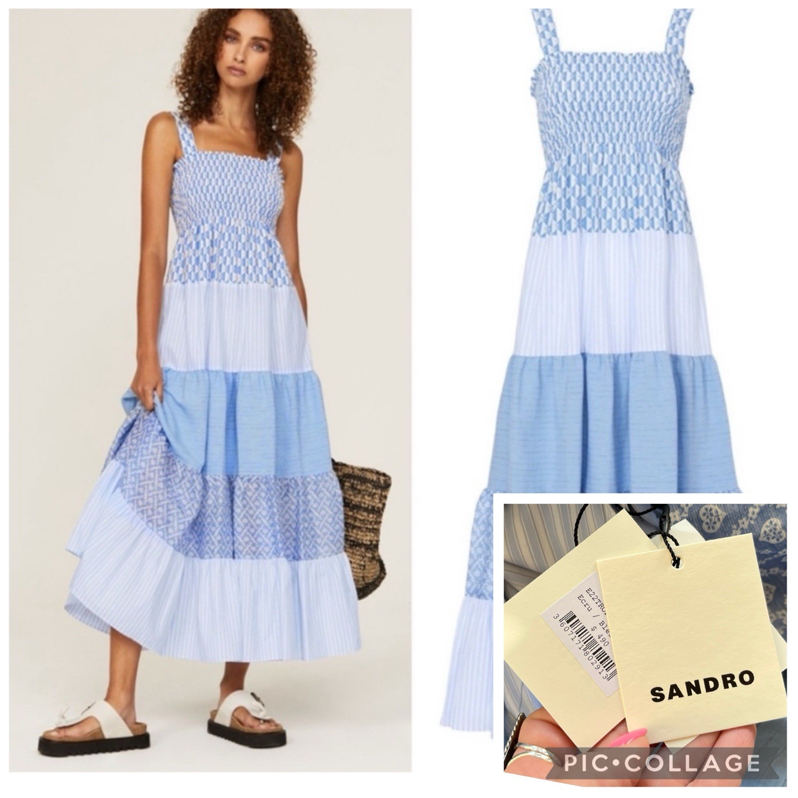 NWT Sandro Paris TROPEA Tiered Maxi Dress Patchwork Cotton Poplin Blue 38 Medium