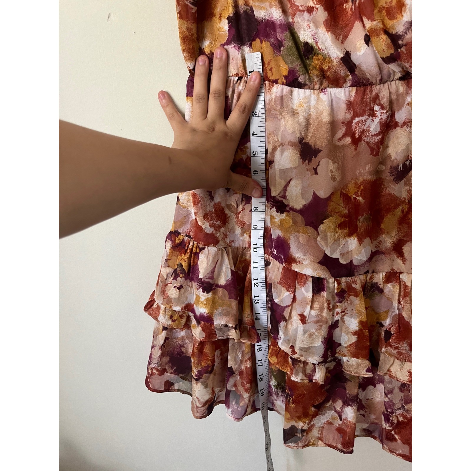 The General Good Floral Tie Shoulder Ruffle Mini Dress Orange Burgundy L boho