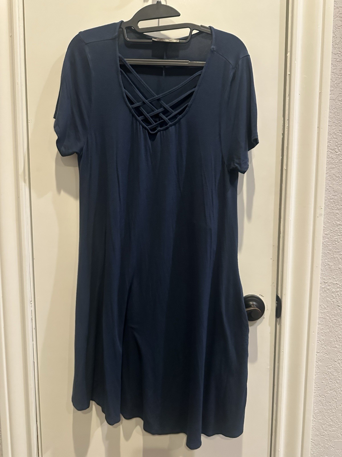 Shiela Rose Navy Blue Lattice Neck Strappy Short Sleeve A-Line Swing Dress Med
