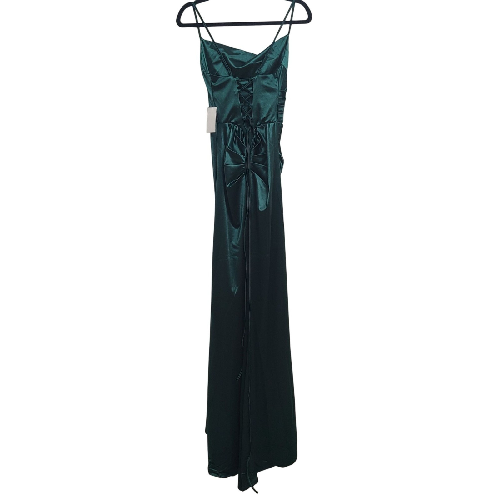 NEW B Darlin Green Satin Ruched Maxi Dress Spaghetti Straps Lace-Up Back Sz 5/6