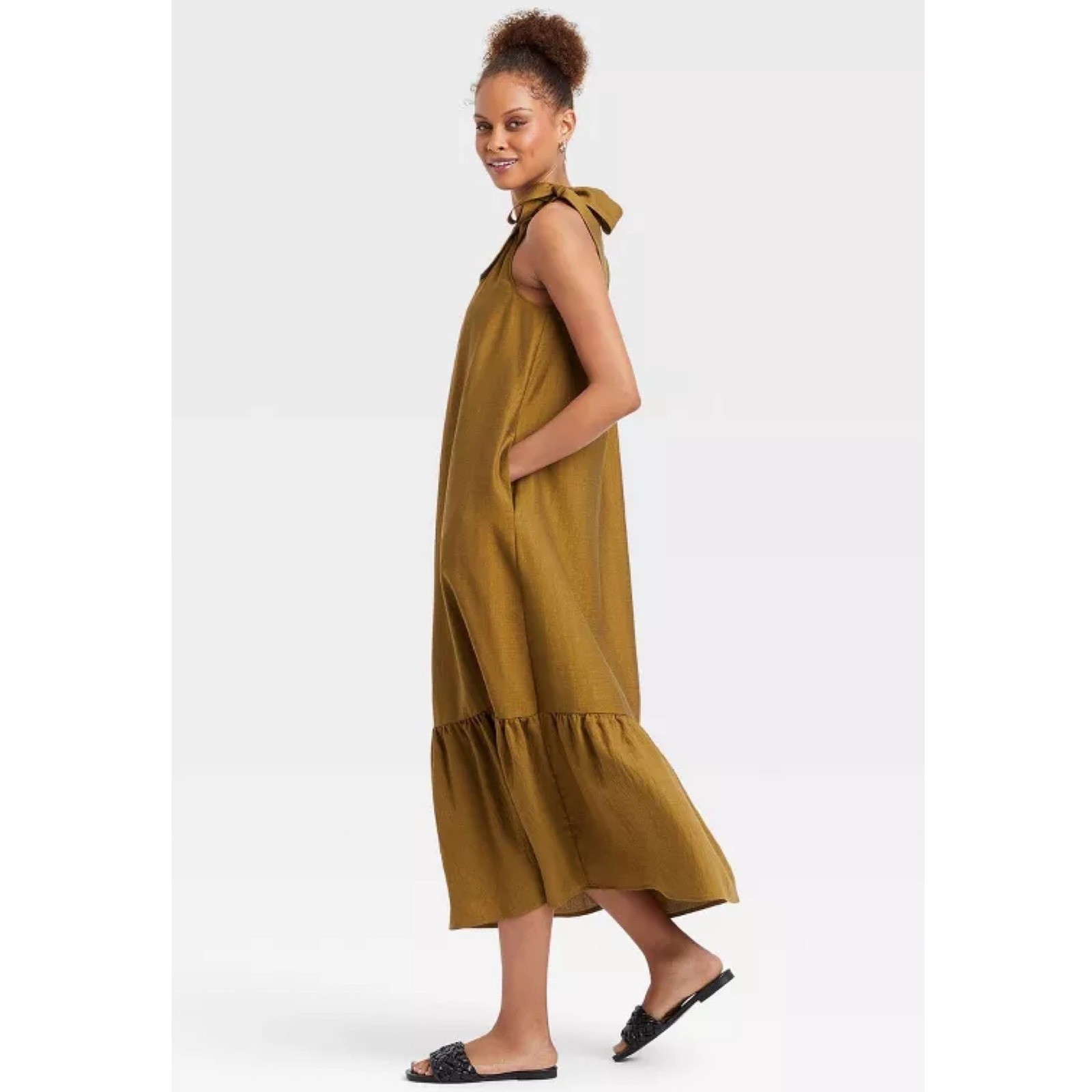 NWT A New Day One Shoulder Tiered Maxi Dress M Olive Gold Pockets Minimalist