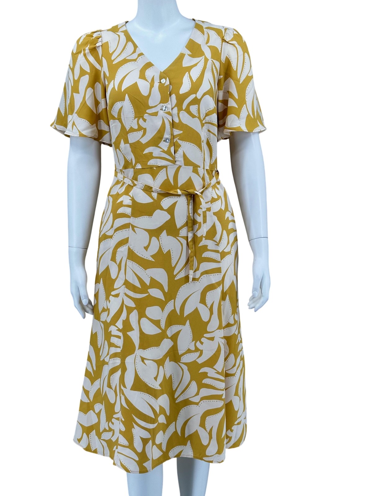 Ann Taylor Dress Womens XS Yellow Abstract Leaf Midi Pullover Belted Pockets NWT
