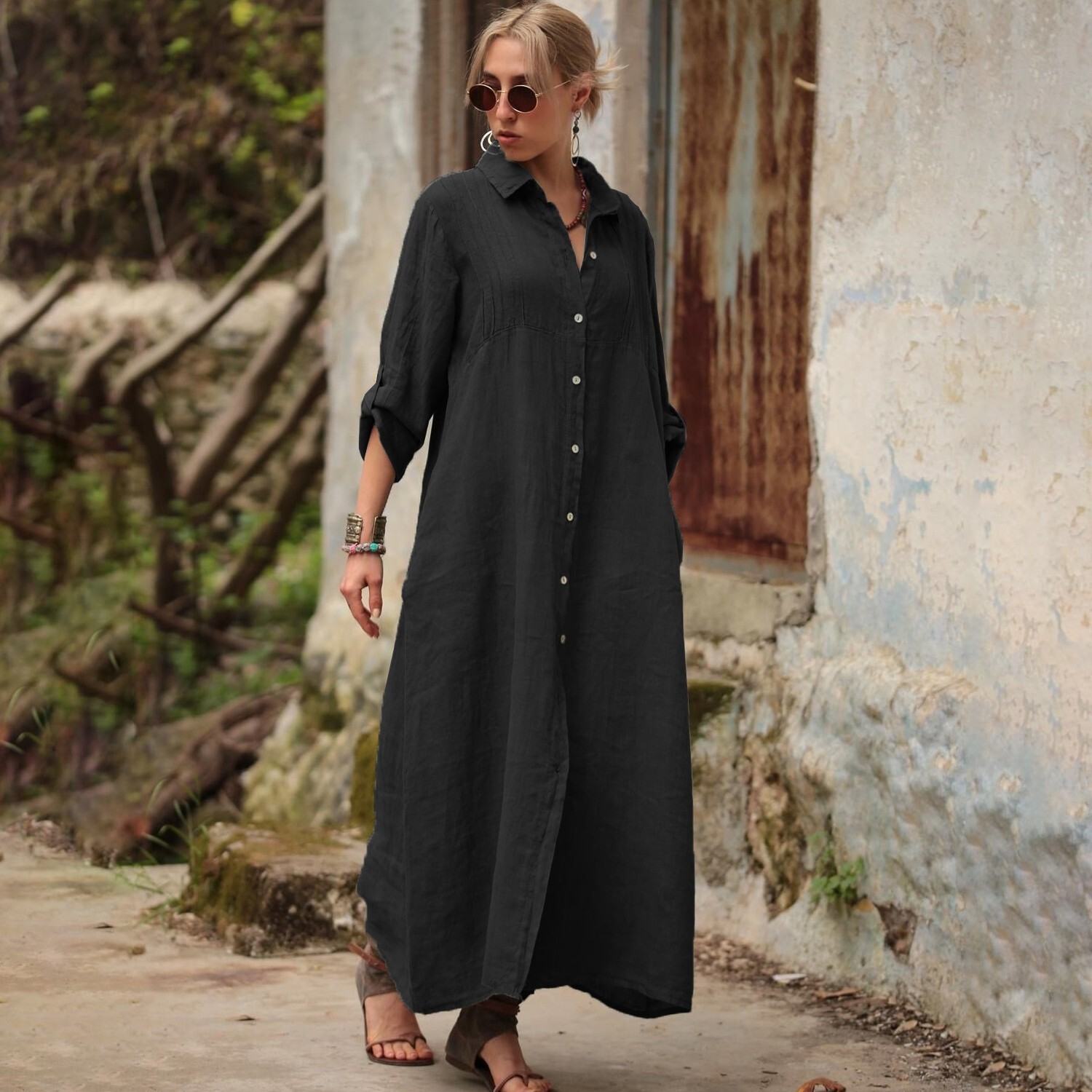 Spring Autumn Plus Size Women’s Casual Loose Cotton Linen Long Maxi Shirt Dress