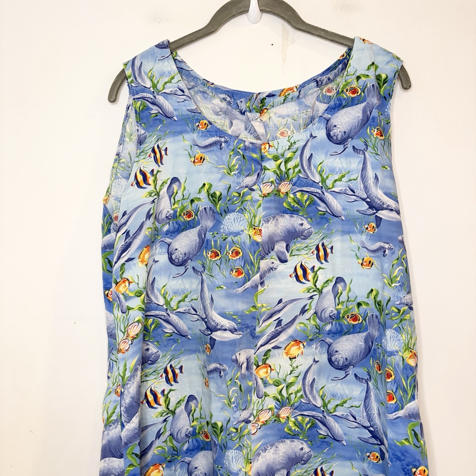 90s Handmade Dress S/M Blue Dolphin Beach Ocean Coastal Nautical Aquarium Fish