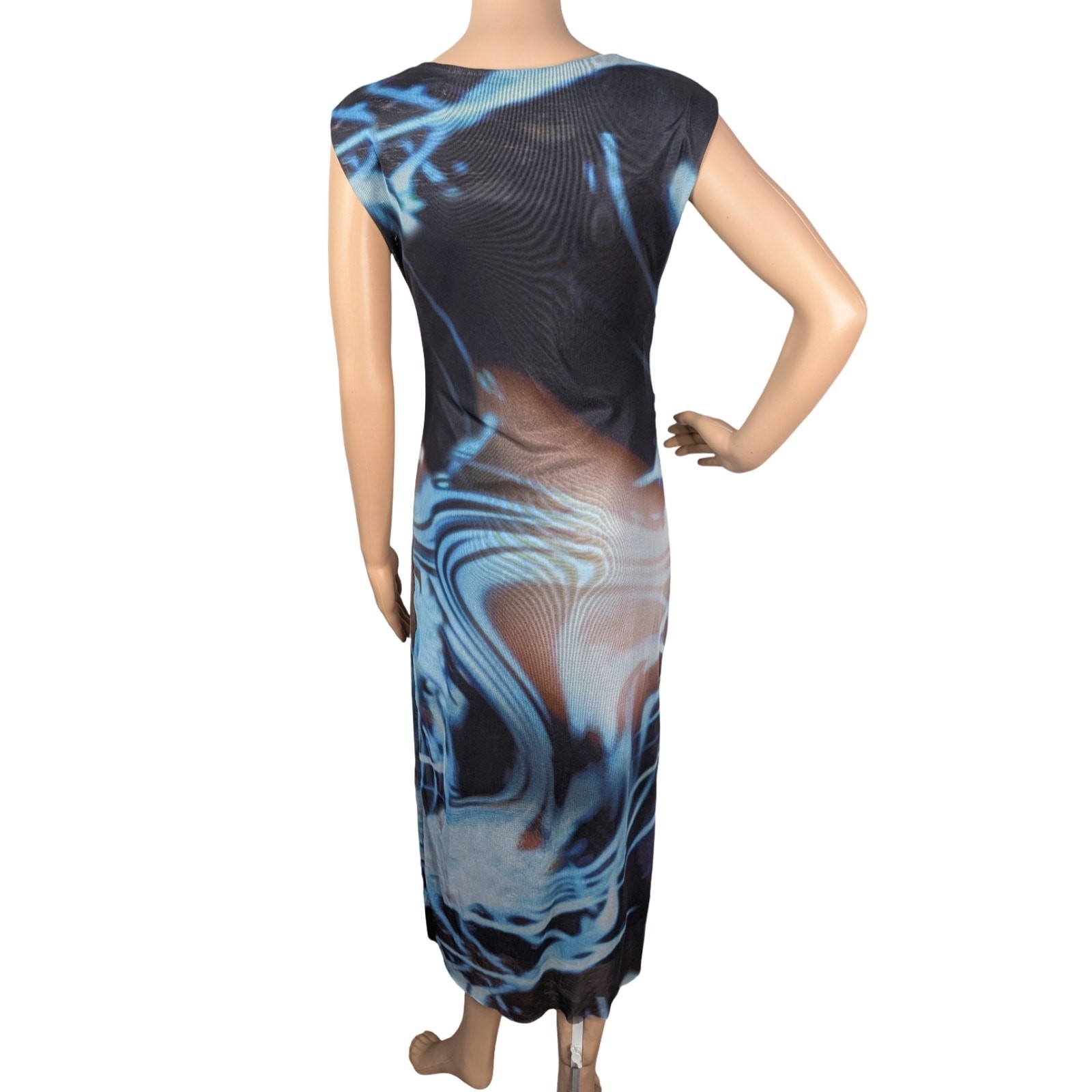 Commense Abstract Marble Mesh Dress L | Ruched Avant Garde Y2K Midi Bodycon