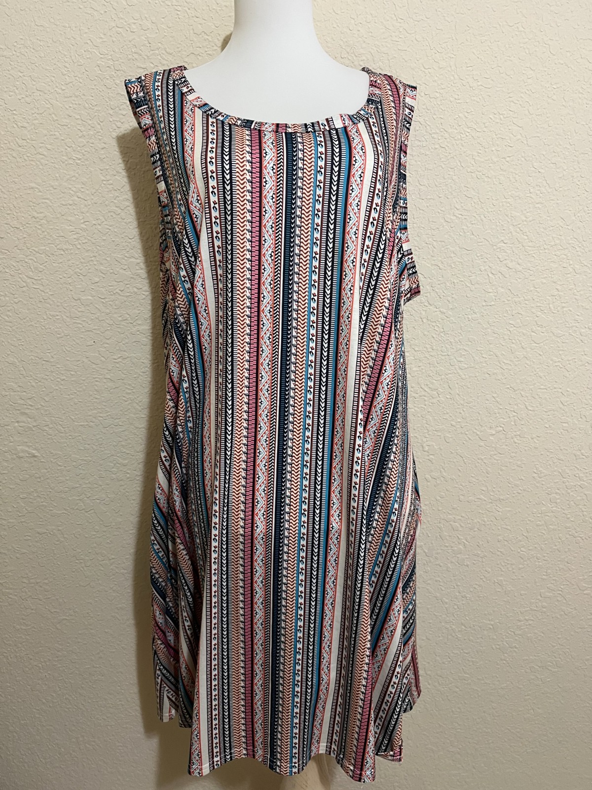 Blue Pink Ivory Multi XXL A-Line Round Neck Sleeveless Cotton Blend Knit Dress
