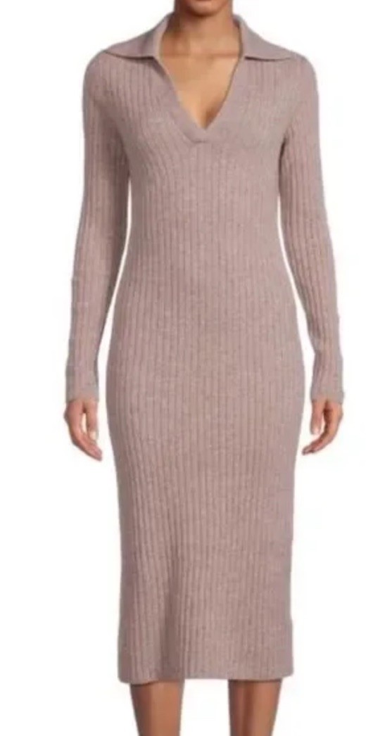 Vince Cashmere Wool Collared Ribbed Sweater Dress Polo Knit Brown Mocha Tan L
