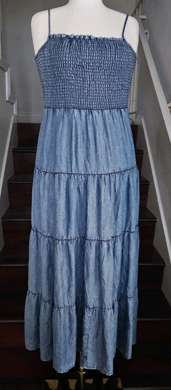 Z Supply Balos Washed Chambray Midi Dress L Smocked Spaghetti Strap Cottage NWT