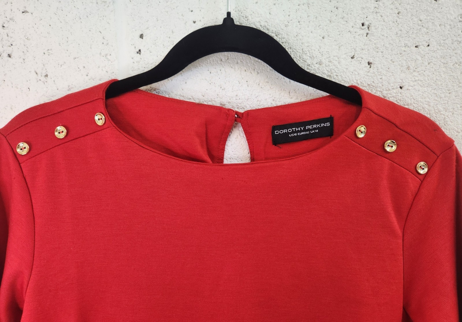 Dorothy Perkins Women’s Red Shift Dress Gold Shoulder Buttons UK 14