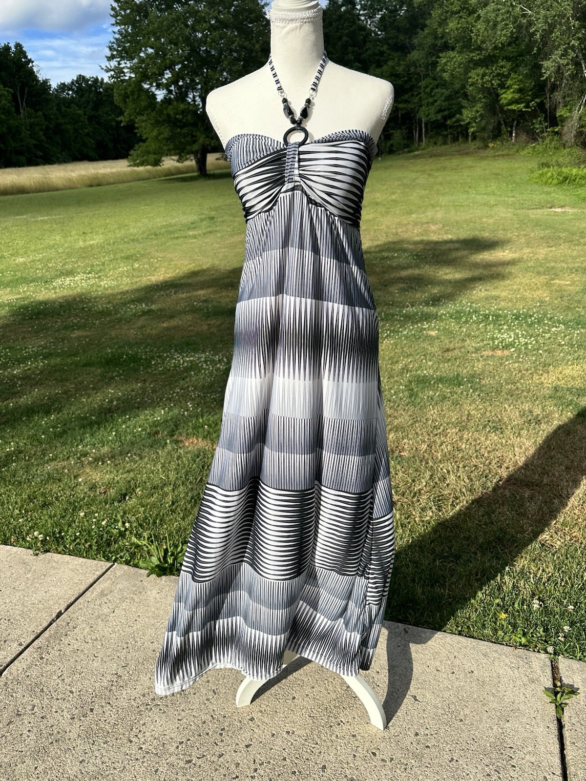 Black/White/Gray Striped Halter Ring Stretch Maxi Dress S