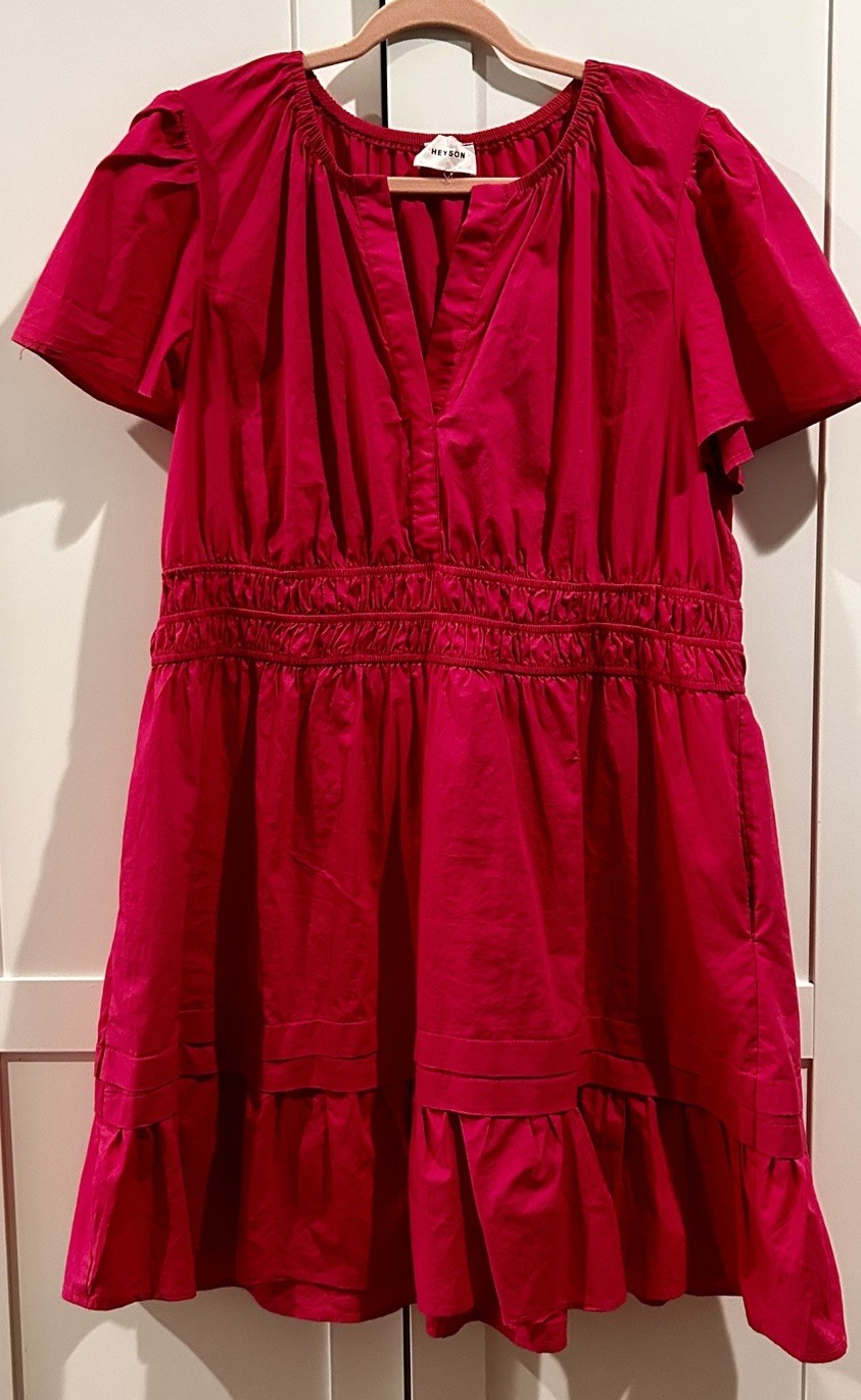 Hot Pink V Neck Elastic Waist Mini Dress Size 2X With Bottom Folds And Ruffle