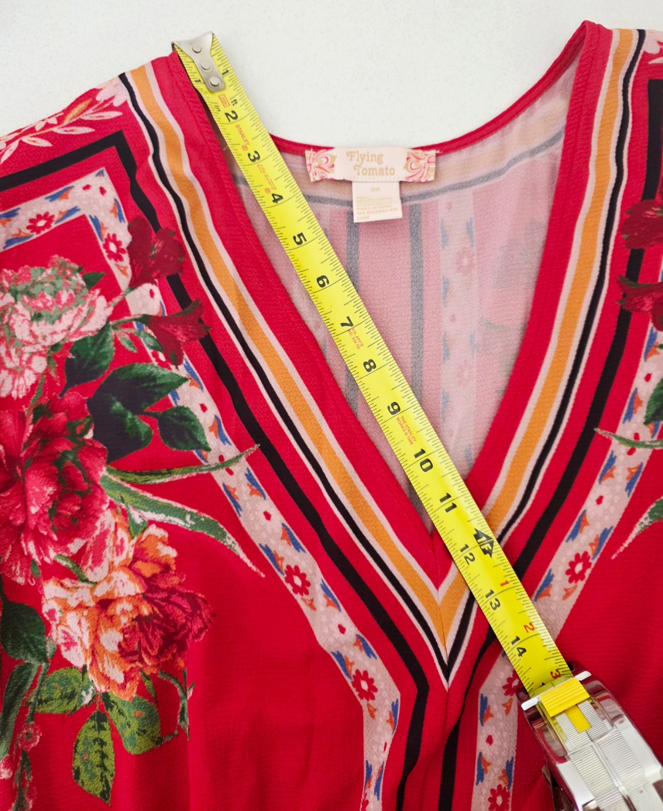 FLYING TOMATO Plus Size Red V-Neck Boho-Inspired Floral Print Midi Dress Sz 3X