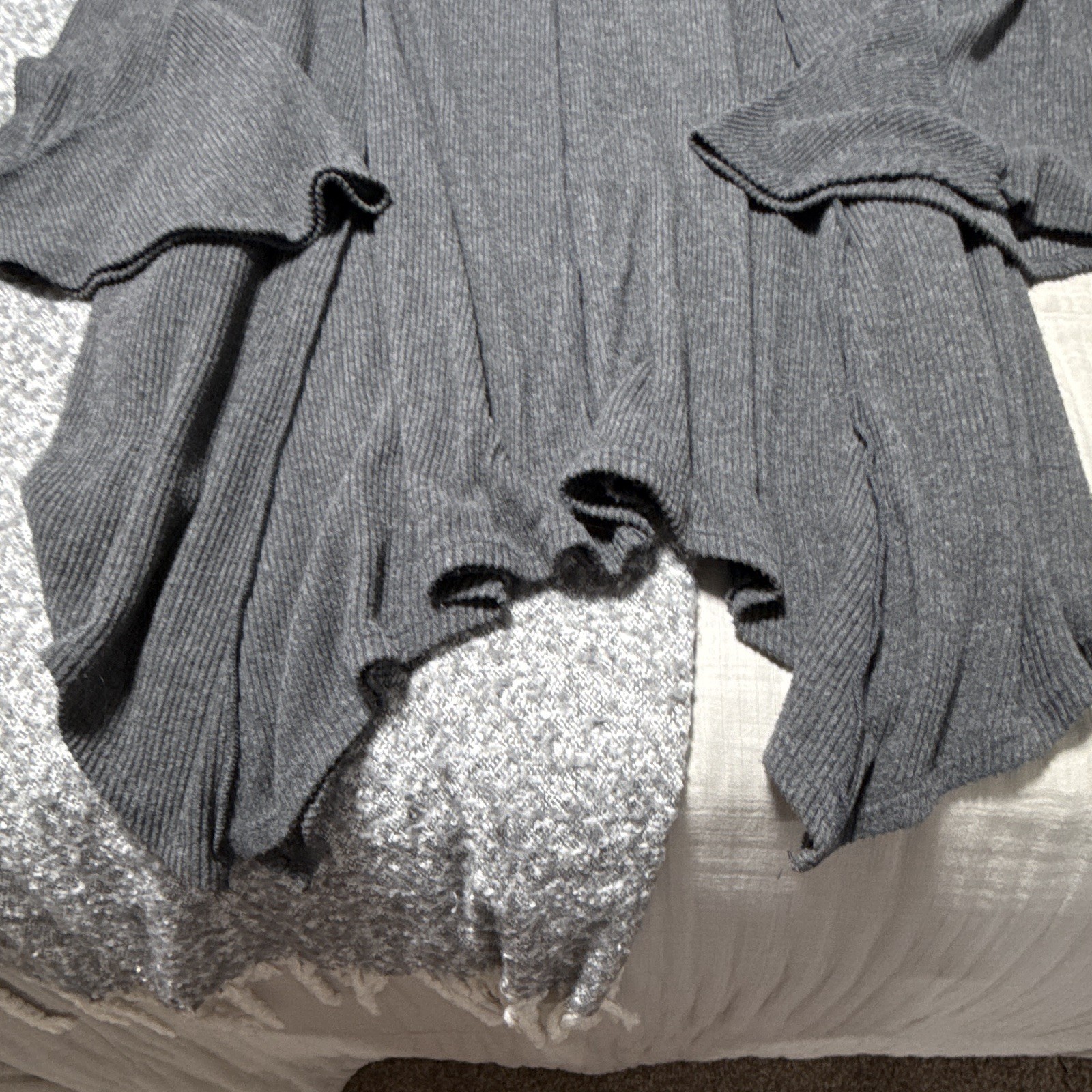 Three Birds Nest-Gray V-Neck Bell Sleeve Mini Dress Handkerchief hem, Women L