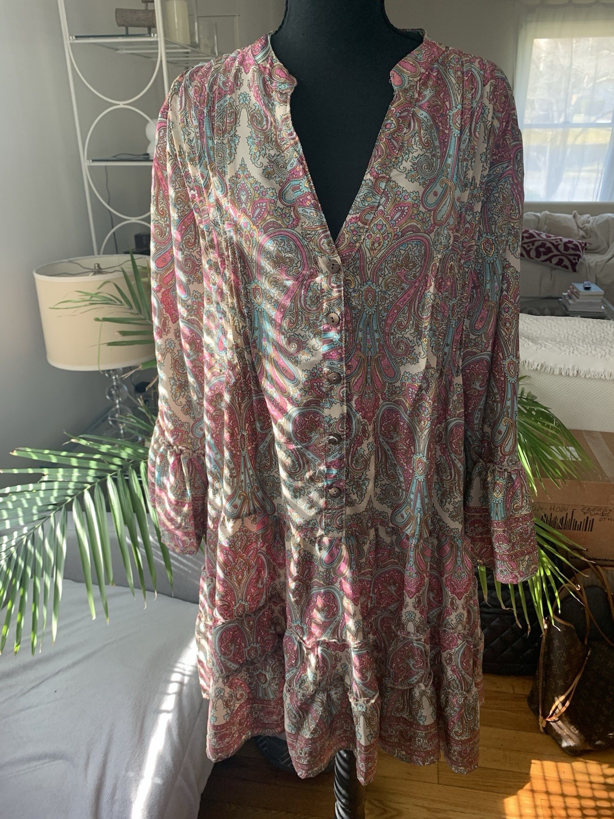 Multicolor Paisley Floral Maxi Dress V-Neck 3/4 Ruffle Sleeve Button Waist Women