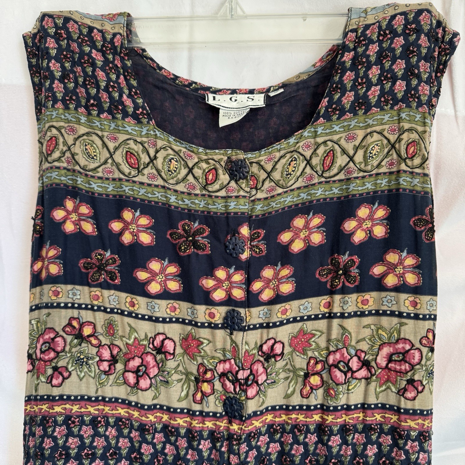 LGS Boho Floral Embroidered Cotton Dress M Multicolor Nepal Midi Lined