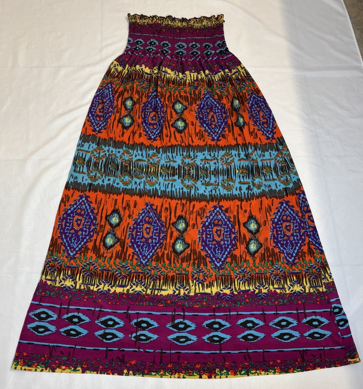 Just Love 1X Strapless Boho Maxi Dress Smocked Bust Tribal Print Colorful