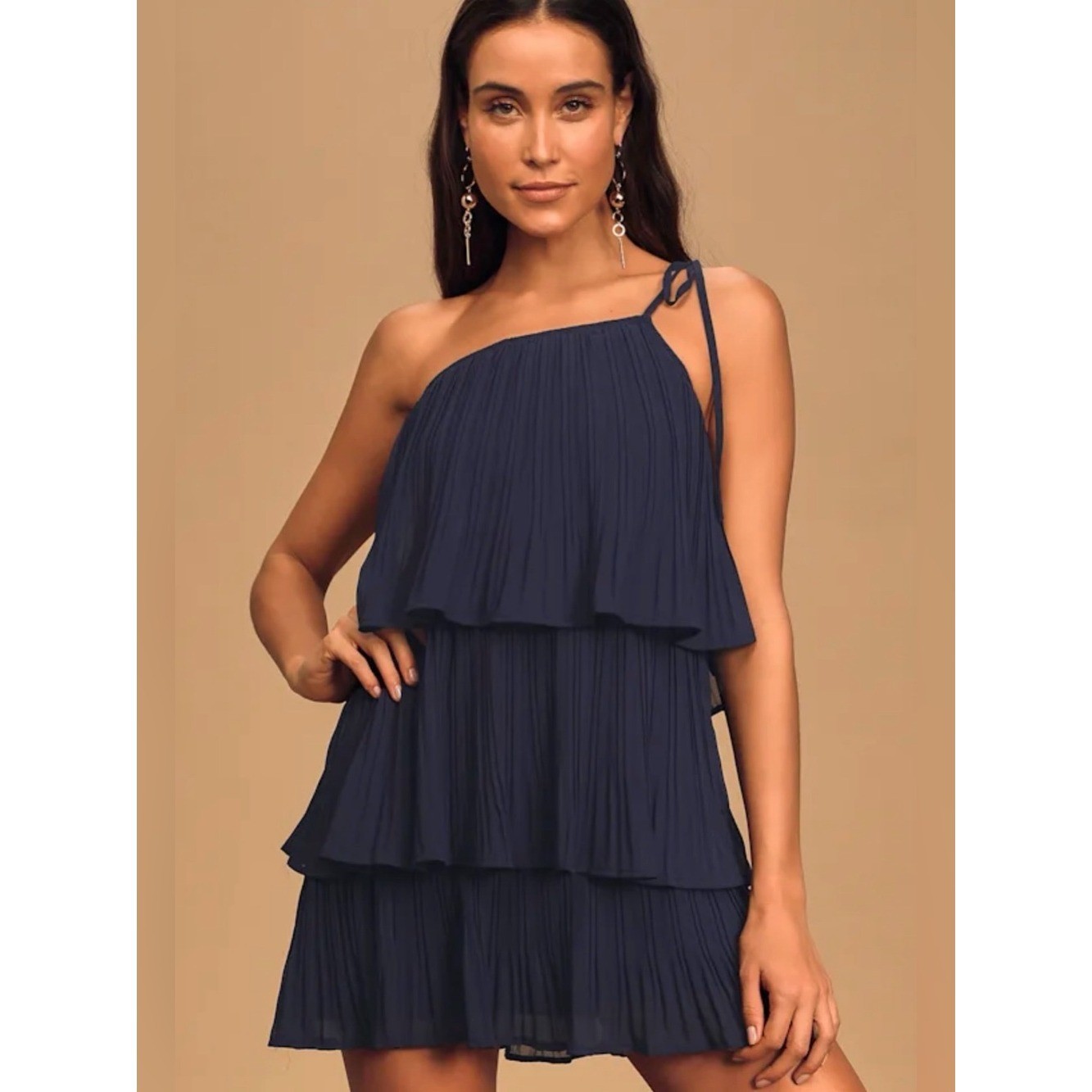 Lulus NWT blowing kisses Navy One-Shoulder Tiered Mini Dress MSRP$59 small