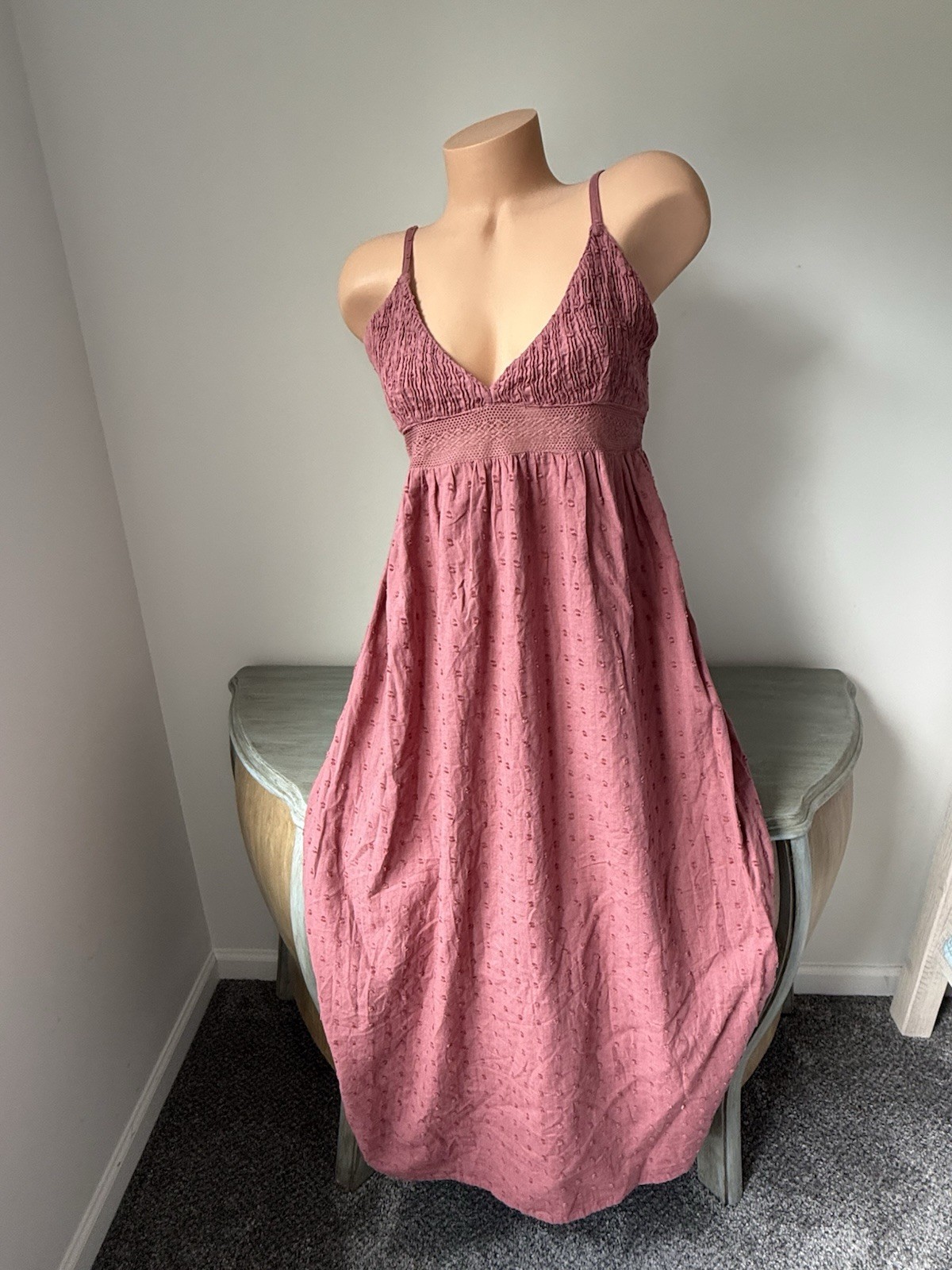 Romantic Linen Blend Midi Dress Smocked Swiss Dot Prairie Boho Mauve NWT Cottage
