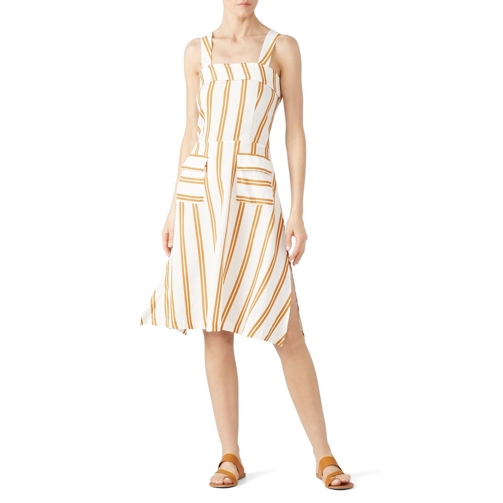 SANCIA Maise Dress White Mustard Yellow Striped Linen Blend Midi Sun Dress- S