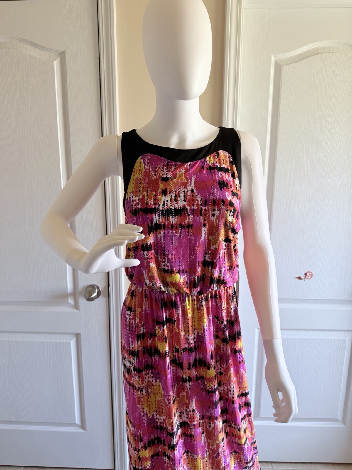 NWT $68 Pink Multi-Color Printed Maxi Summer Dress with Black Trim Size PS