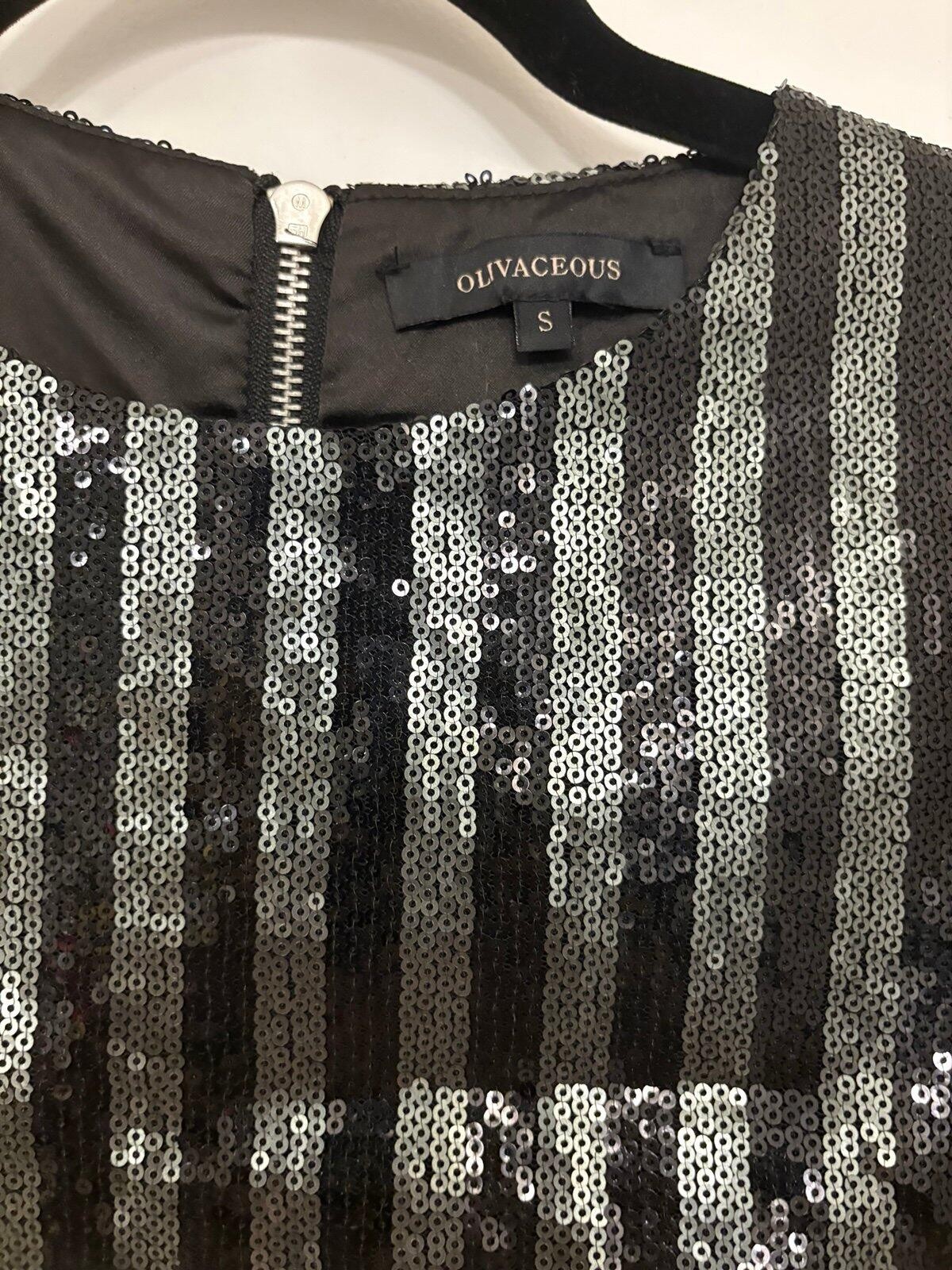 Olivaceous Black Silver Sequin Stripe Mini Dress Size Small
