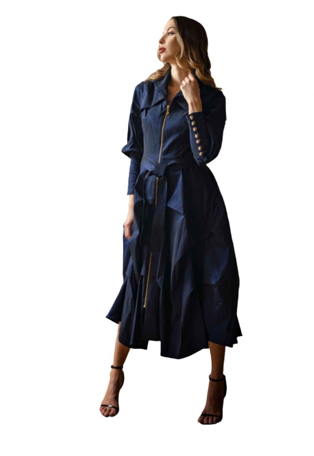 Stretch duppioni Long sleeve zip dress with wired collar, buttons on Cuff XXL