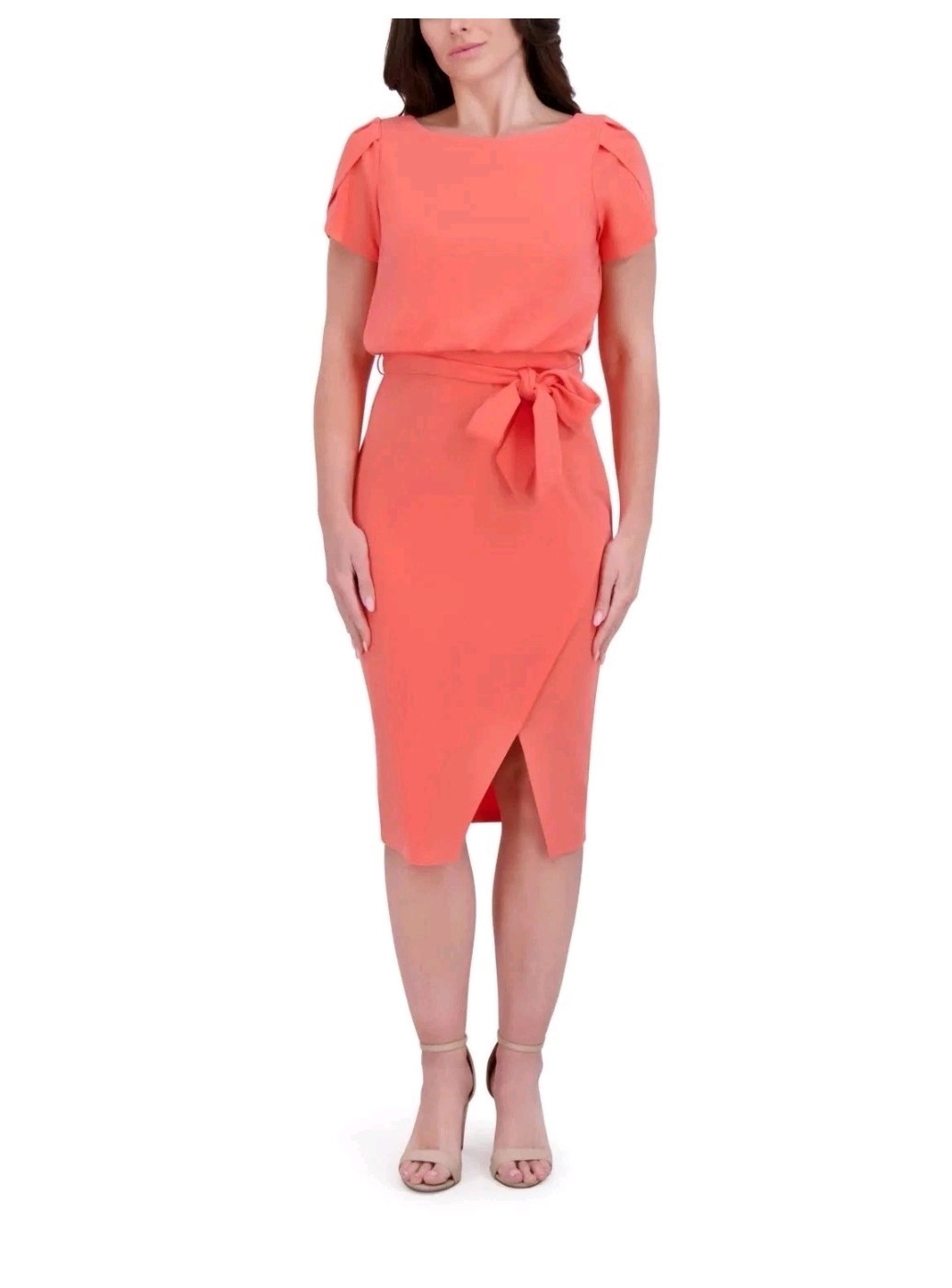 Kensie Women’s Cinched Tulip-Sleeve Tie-Waist Sheath Dress Coral Pink 2